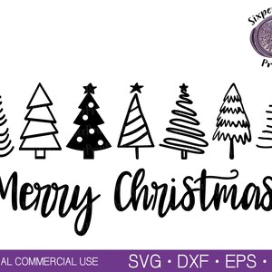 May include: Black and white silhouette of seven Christmas trees with the text "Merry Christmas" below. The trees are all different styles, including a striped tree, a tree with baubles, and a tree with a star on top.