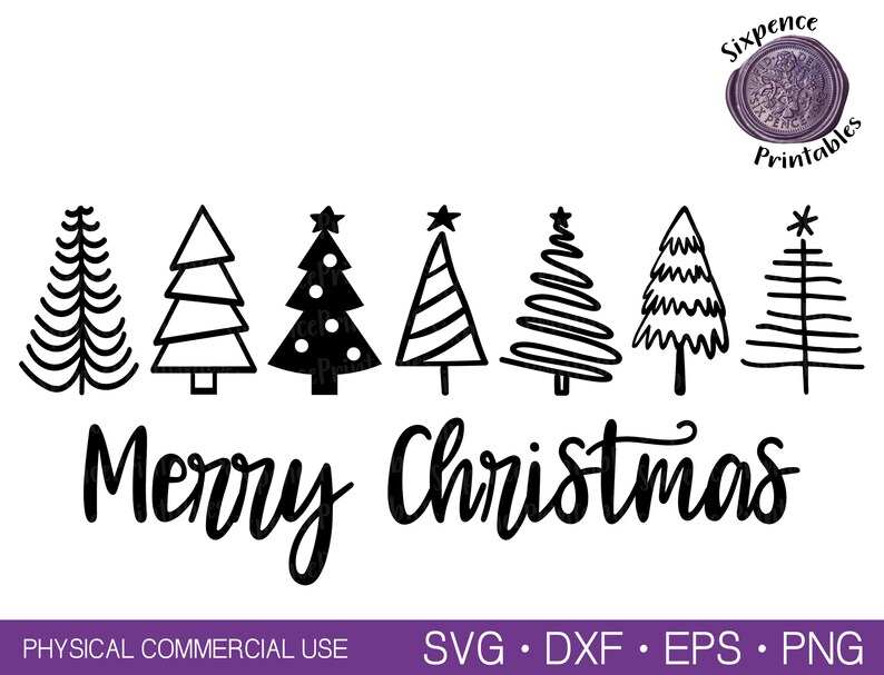 May include: Black and white silhouette of seven Christmas trees with the text "Merry Christmas" below. The trees are all different styles, including a striped tree, a tree with baubles, and a tree with a star on top.
