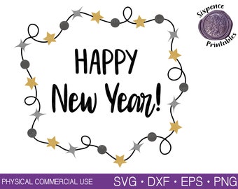 May include: A black and white graphic with a string of gold and silver stars and black circles. The text "HAPPY NEW YEAR!" is in the center of the graphic.