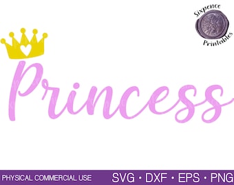 May include: A pink cursive word "princess" with a gold crown with a yellow heart in the center above it.