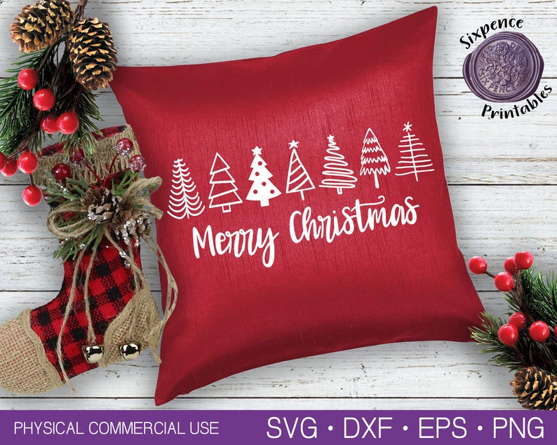 May include: Red cushion with white stylised Christmas trees and the text "Merry Christmas".