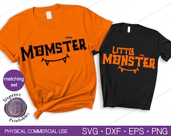 May include: Two t-shirts, one orange and one black, with Halloween-themed text. The orange shirt says "Momster" with a monster mouth graphic. The black shirt says "Little Monster" with a matching graphic. A matching set for Halloween.