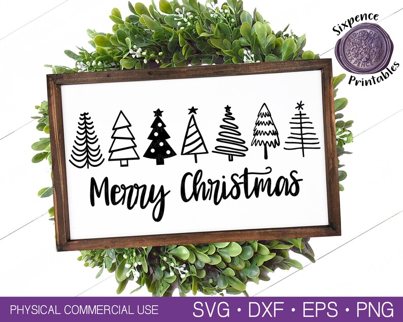 May include: A white wooden sign with the text "Merry Christmas" in black cursive lettering.  The sign is decorated with seven black silhouette Christmas trees.