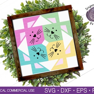 May include: A digital download of a bunny-themed quilt block pattern. The pattern features four bunny faces with pink, yellow, green, and blue colors. The pattern is perfect for creating a fun and whimsical quilt.