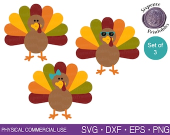 May include: Set of three Thanksgiving turkey clip art images. The turkeys are brown with red, yellow, and green feathers. One turkey is wearing sunglasses, one is wearing a blue bow, and one is plain.