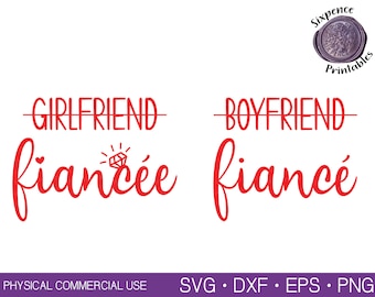 Puede incluir: Texto rojo sobre fondo blanco que dice "Girlfriend fiancée" con un icono de anillo de diamantes y "Boyfriend fiancé" con un icono de corazón.