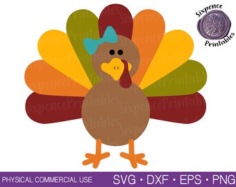 May include: A cartoon turkey illustration with a brown body, colorful tail feathers, and a blue bow. The turkey has a yellow beak and orange feet. The image includes the text "Sixpence Printables" and "PHYSICAL COMMERCIAL USE SVG • DXF • EPS • PNG".