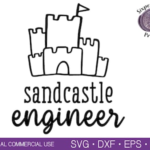 May include: Black and white line art illustration of a sandcastle with the text "sandcastle engineer" below it.