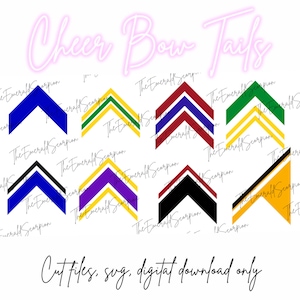 Pode incluir: Um conjunto de oito arquivos de corte digital para caudas de laço de torcida. Os arquivos apresentam um design de chevron em várias combinações de cores, incluindo preto e branco, azul e branco, vermelho e azul, verde e amarelo, roxo e amarelo e dourado e preto.