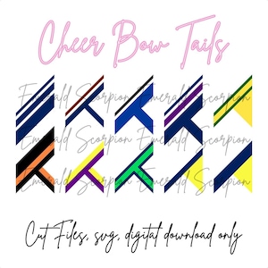 Puede incluir: Una colección de diseños de colas de lazos de animadora en varias combinaciones de colores, incluyendo azul, amarillo, naranja y verde. El texto "Cheer Bow Tails" está escrito en rosa sobre los diseños. Debajo, el texto dice "Cut Files, svg, digital download only."