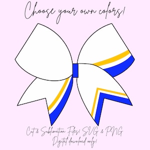 Puede incluir: Un lazo blanco con rayas azules y amarillas. El texto "¡Elige tus propios colores!" está en la parte superior de la imagen. El texto "¡Archivos de corte y sublimación! SVG y PNG ¡Descarga digital solamente!" está en la parte inferior de la imagen.