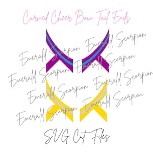 Puede incluir: Diseño gráfico digital que muestra dos conjuntos de extremos curvos para lazos de animadora. El conjunto superior es morado con una franja verde azulado, y el inferior es amarillo con una franja gris. El texto dice Curved Cheer Bow Tail Ends, Emerald Scorpion y SVG Cut Files.