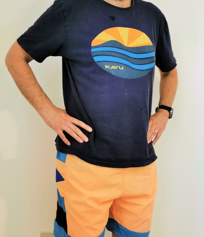 Vintage shorts UK 10-14 Vintage neon orange unisex shorts with blue geometric side borders