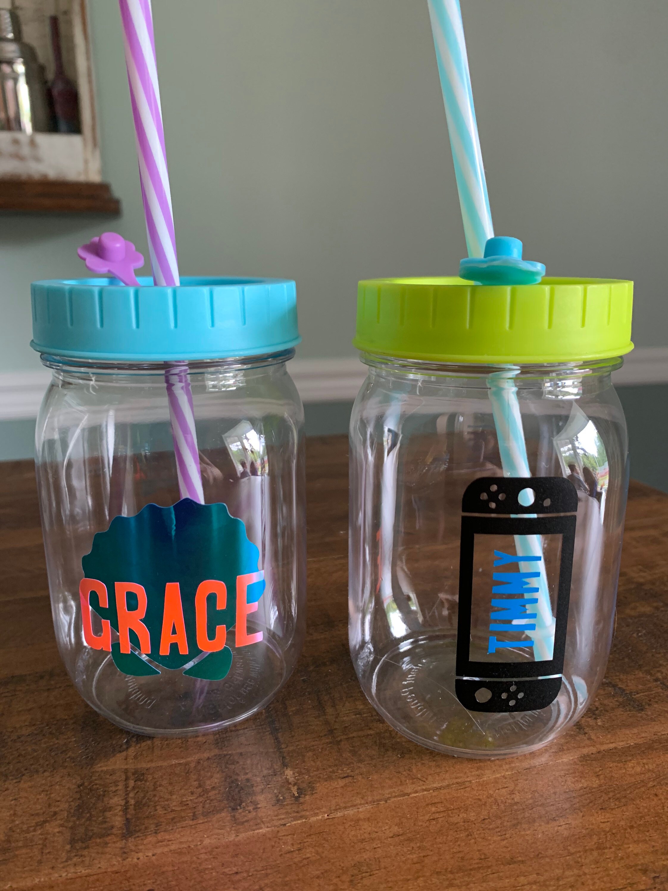 Kids Personalized Mason Jar with lid and straw Kids Party Etsy
