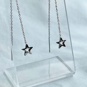 Srebrne kolczyki z nawlekaczem | Długie kolczyki z nawlekaczem | Srebrne kolczyki z wiszącym daszkiem | Srebrne kolczyki z nawlekaczem w kształcie gwiazdy | Nowoczesne srebrne kolczyki | Serce