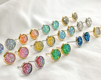 Brincos Drusos | 16 opções de cores | Brincos Drusos Baratos | Aço inoxidável e ouro | Brincos de dama de honra | Pregos Drusos | Presentes para ela