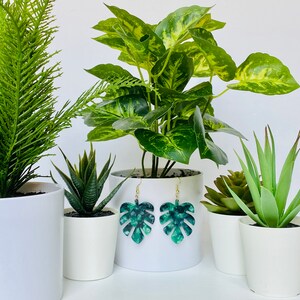 May include: A pair of green and white marbled Monstera leaf earrings with gold-colored hooks. The earrings are displayed in front of several potted plants, including a fern, a succulent, and a pothos plant, all in white pots.