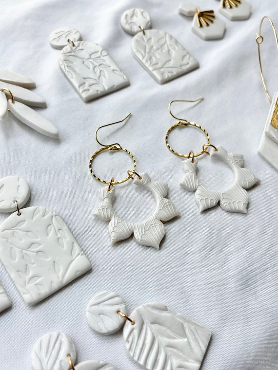 White Polymer Clay Earrings Clay Earrings Sale Earrings Polymer Clay  Earring Boho Clay Earrings Statement Earring White and Gold 