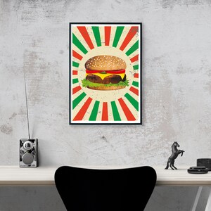Hambúrguer estilo americano em fundo vermelho e verde desbotado. Pôster de fast food. Download digital imagem 5
