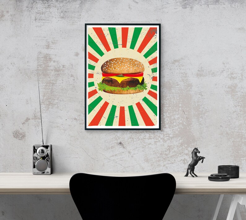 Hambúrguer estilo americano em fundo vermelho e verde desbotado. Pôster de fast food. Download digital imagem 5