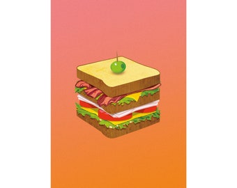 Illustriertes Club Sandwich auf Hot Pink Hintergrund. Poster im Retro-Stil. Digitaler Download