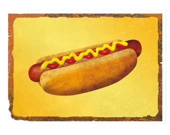 Americana Style Hotdog auf angelaufenem gelben Hintergrund mit gerosteten Rändern. Lebensmittel Poster. Digitaler Download