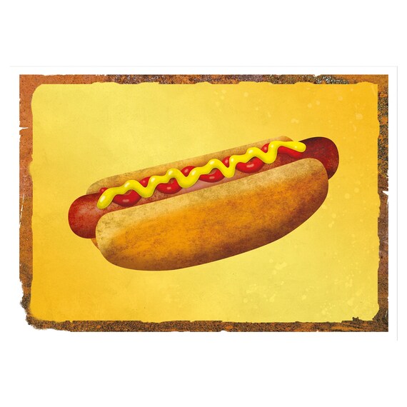 Americana Style Hotdog on tarnished yellow background with rusted edges. Food Poster. Digital download