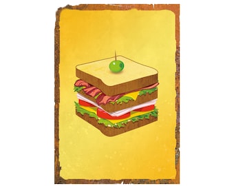 Vintage Club Sandwich auf gelbem Rost Hintergrund. Lebensmittel Poster. Digitaler Download