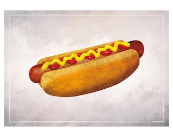 Illustrierte Hotdog auf Grunge Hintergrund. Retro-Kunst. Digitaler Download