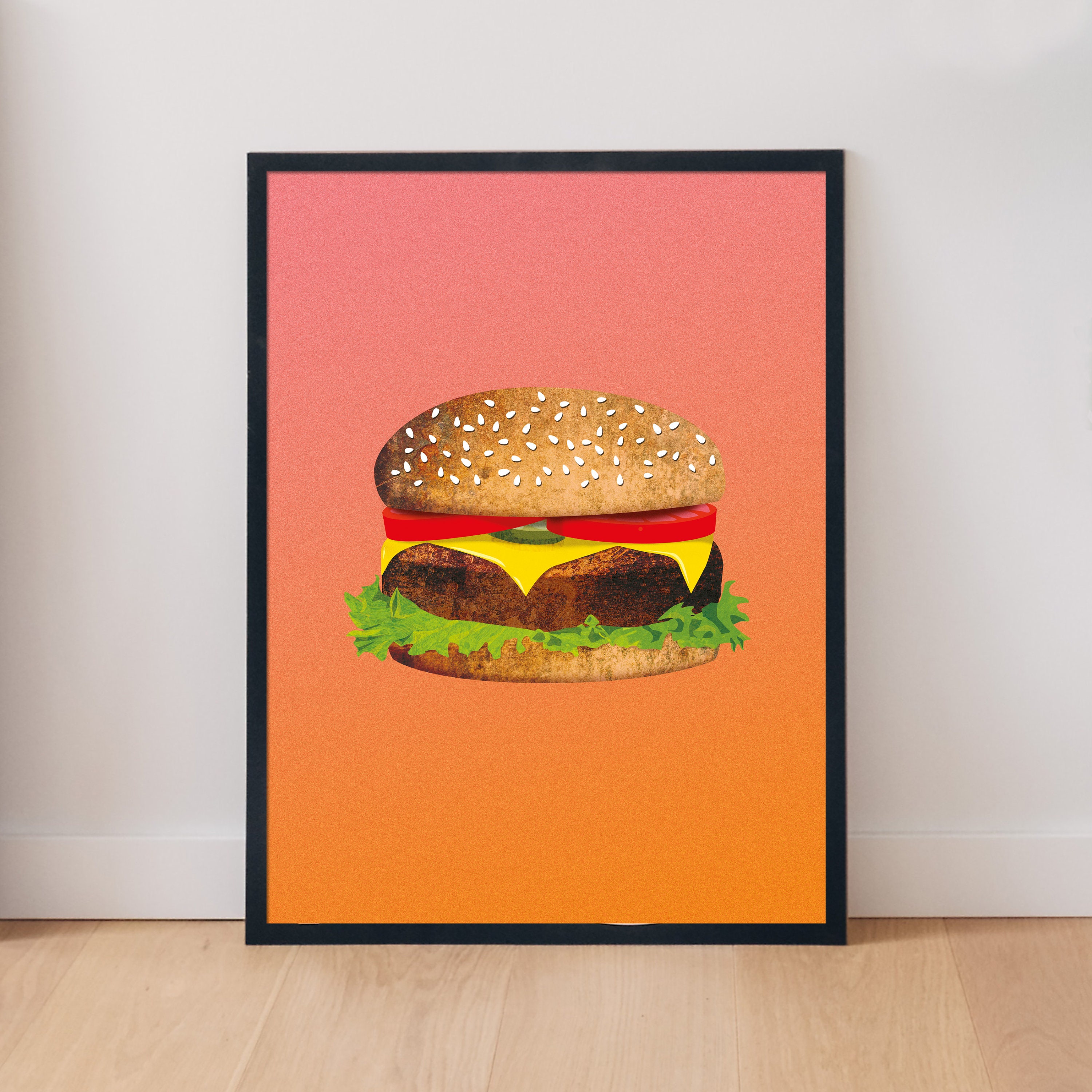 ホットピンクの背景にビンテージスタイルのチーズバーガー。ダイナー