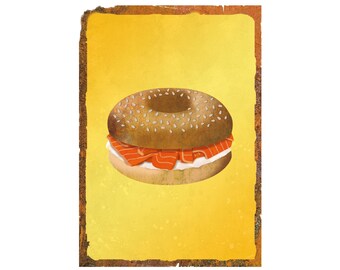 Illustrierte Bagel auf Gelb Grunge Hintergrund. Lebensmittel Poster. Digitaler Download
