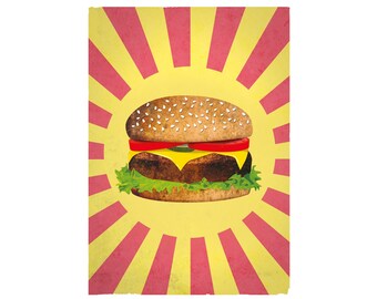 Retro Cheeseburger auf beunruhigtem gelben & roten Hintergrund. Fast Food Poster. Digitaler Download
