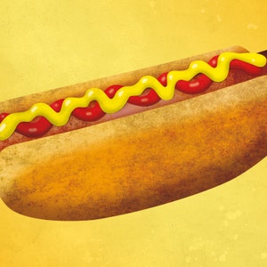 Puede incluir: Un pan de hot dog amarillo con una cobertura roja y amarilla. El pan est&aacute; sobre un fondo amarillo.