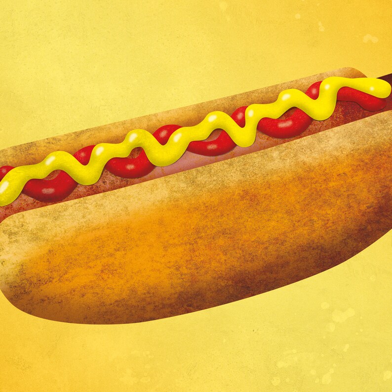 Puede incluir: Un pan de hot dog amarillo con una cobertura roja y amarilla. El pan est&aacute; sobre un fondo amarillo.