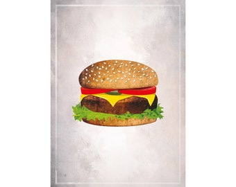 Illustrierte Hamburger auf grauem Grunge Hintergrund. Fast Food Poster. Digitaler Download