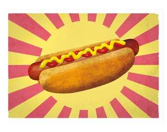Americana Style Hotdog Bild auf gelbem & rotem Grunge Hintergrund. Fast Food Poster. Digitaler Download