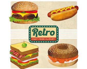 Retro Fast Food Clipart, Hamburger, Hotdog, Bagel, Club Sandwich, digitaler Download