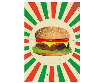 Americana Style Hamburger auf angelaufenem rotem und grünem Hintergrund. Fast Food Poster. Digitaler Download