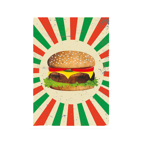 Americana Style Hamburger on tarnished red & green background. Fast Food Poster. Digital download
