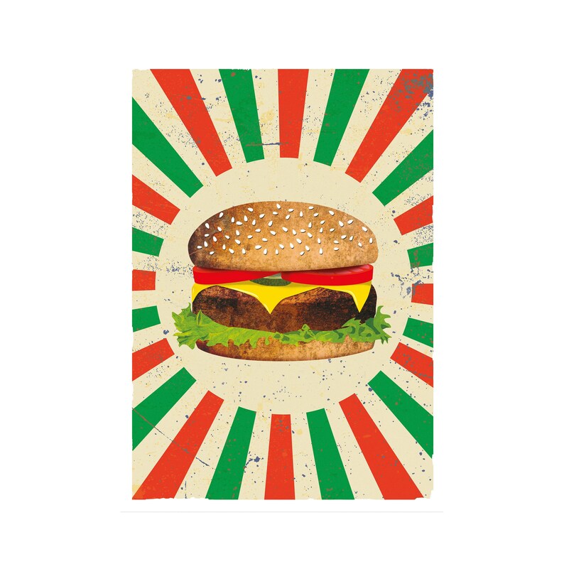 Hambúrguer estilo americano em fundo vermelho e verde desbotado. Pôster de fast food. Download digital imagem 1