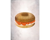 Retro Style Illustrated Smoked Salmon Bagel on grey grunge background. Food Poster. Digital download