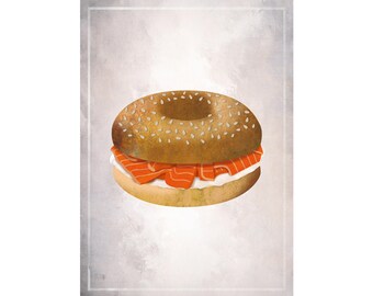 Retro Style Illustrierte Räucherlachs Bagel auf grauem Grunge Hintergrund. Lebensmittel Poster. Digitaler Download