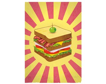 Retro Club Sandwich Druck: Illustriertes Fast Food Poster (Digitaler Download)