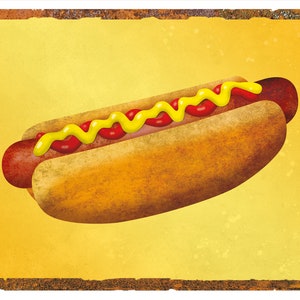 Puede incluir: Un perrito caliente en un pan con mostaza amarilla y ketchup rojo. El perrito caliente est&aacute; sobre un fondo amarillo con un borde marr&oacute;n.