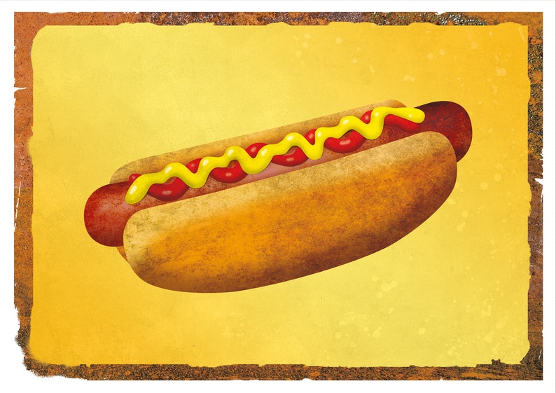Puede incluir: Un perrito caliente en un pan con mostaza amarilla y ketchup rojo. El perrito caliente est&aacute; sobre un fondo amarillo con un borde marr&oacute;n.