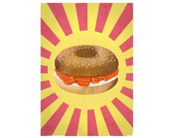 Retro Style Bagel auf Gelb & Rot Starburst Hintergrund. Fast Food Poster. Digitaler Download