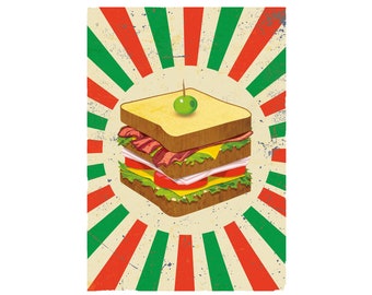 Retro Club Sandwich auf rotem und grünem Starburst Hintergrund. Fast Food Poster. Digitaler Download
