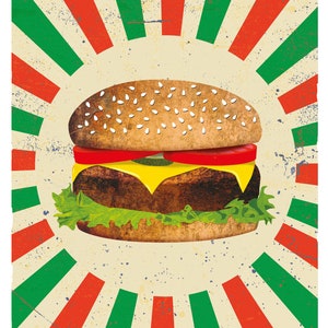 Hambúrguer estilo americano em fundo vermelho e verde desbotado. Pôster de fast food. Download digital imagem 2