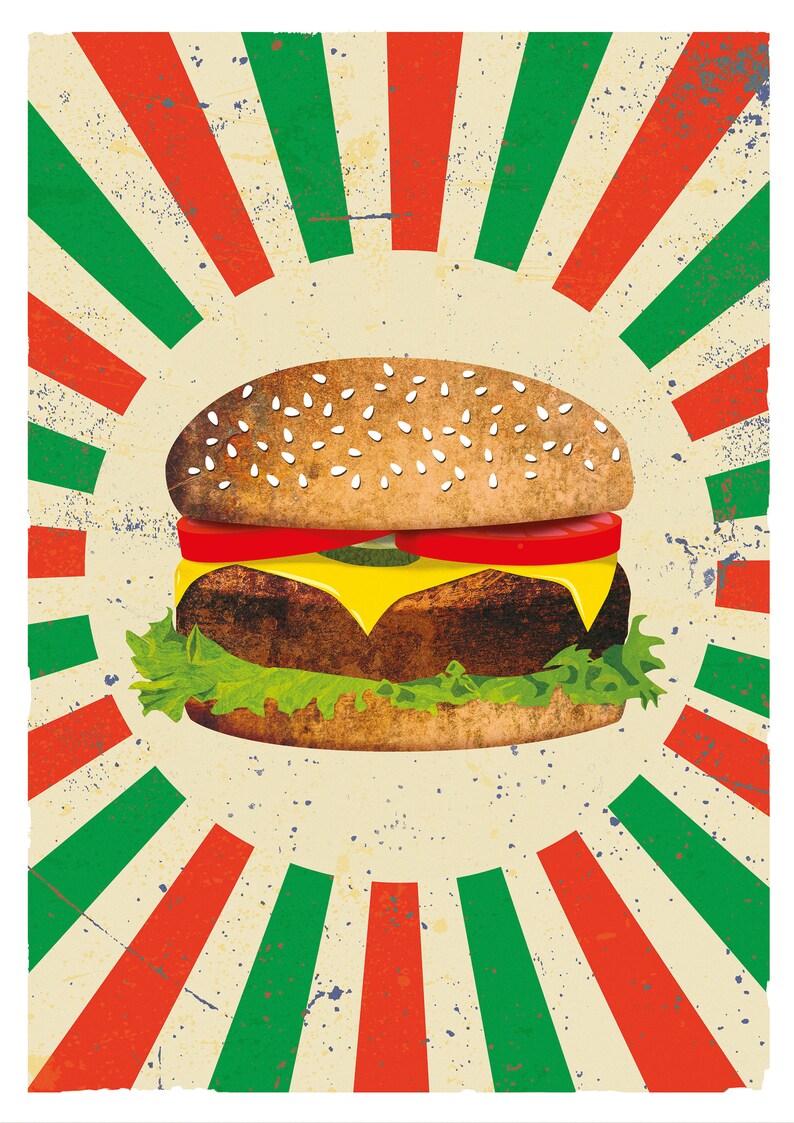 Hambúrguer estilo americano em fundo vermelho e verde desbotado. Pôster de fast food. Download digital imagem 2