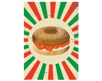 Lachs & Frischkäse Bagel Illustration auf Sternkunst. Digitaler Download. Americana Plakat.